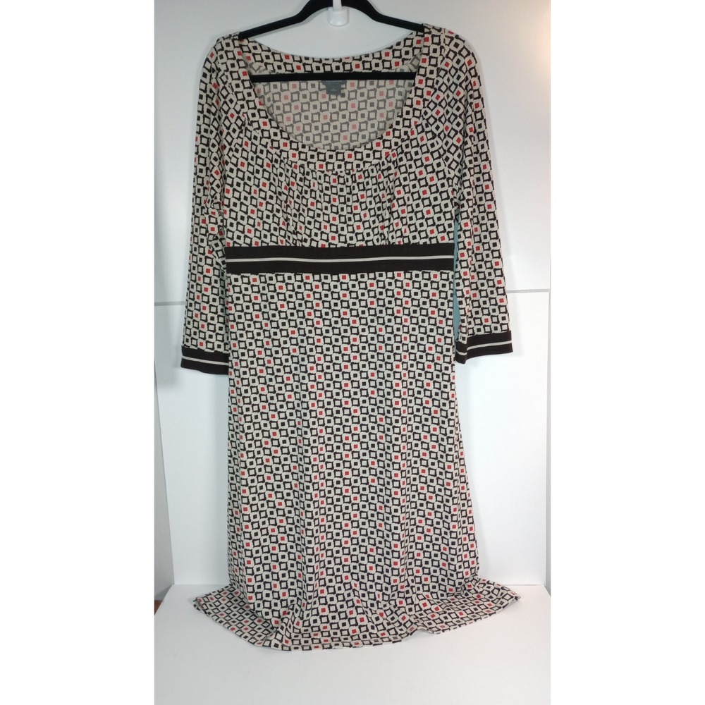 Ann Taylor Geometric 3/4 Sleeve Dress Black Red White 12 Side Zip Office Shift